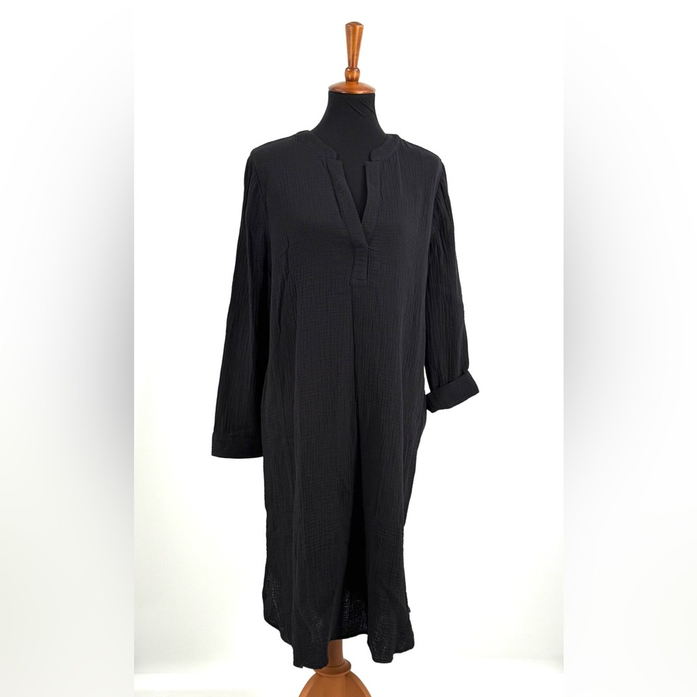 Chico’s Black V-Neck Cotton Shirt Dress Button Up Sleeve Option Size 2.5